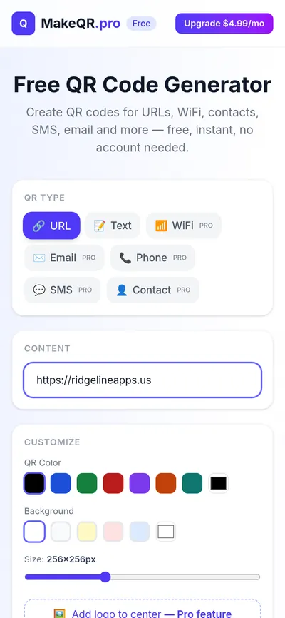 makeqr.pro on a phone with the URL type selected and https://ridgelineapps.us typed into the content box