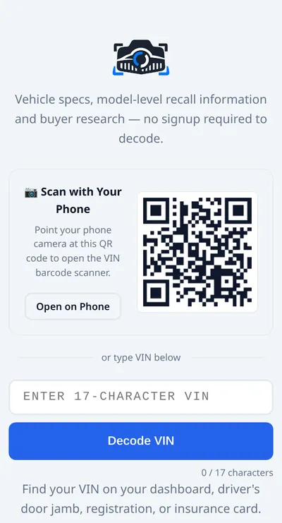 snap.vin on a phone: a scan-with-your-phone card and the 17-character VIN entry box with a Decode VIN button